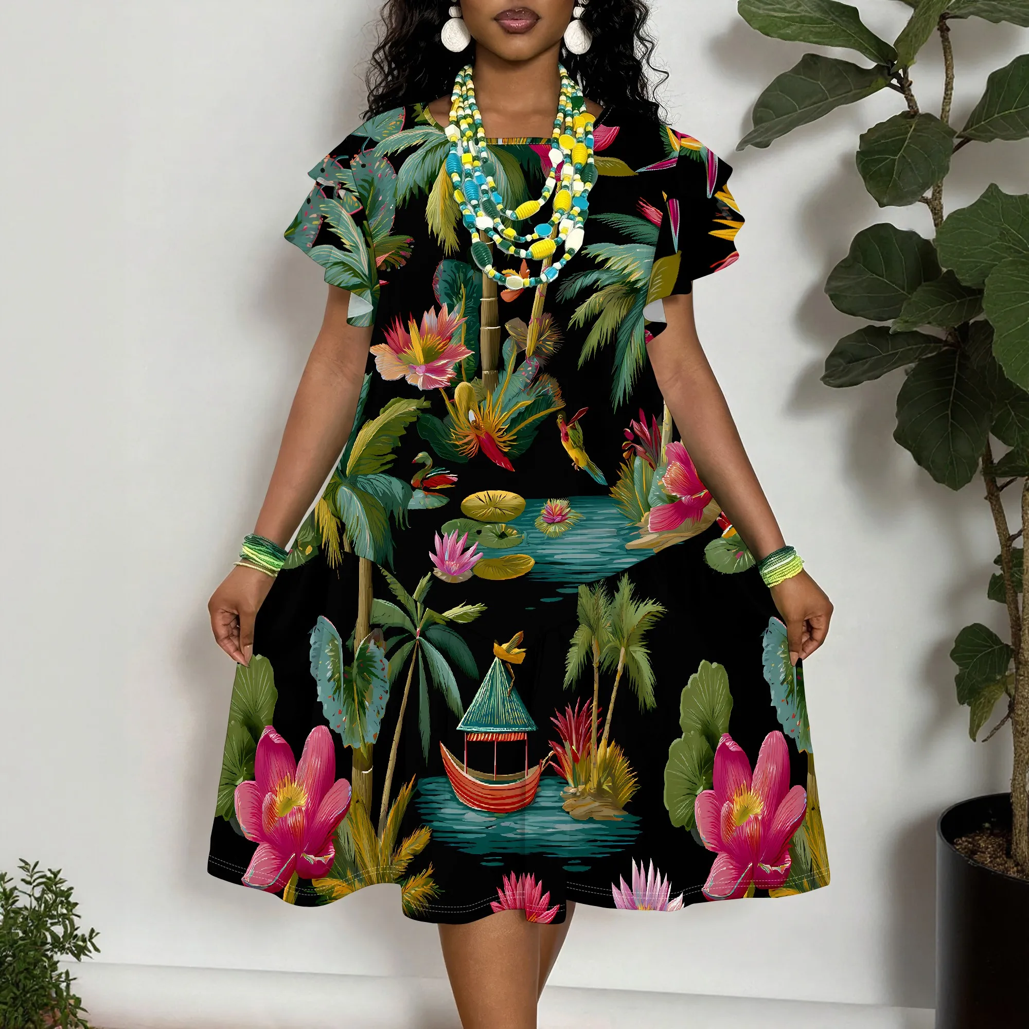Tropical Floral Print Short Sleeve Dress for Women, Black Summer Swing Dress with Lotus & Palm Tree Pattern
Tropical Floral Print Short Sleeve Dress for Women, Black Summer Swing Dress with Lotus & Palm Tree Pattern
