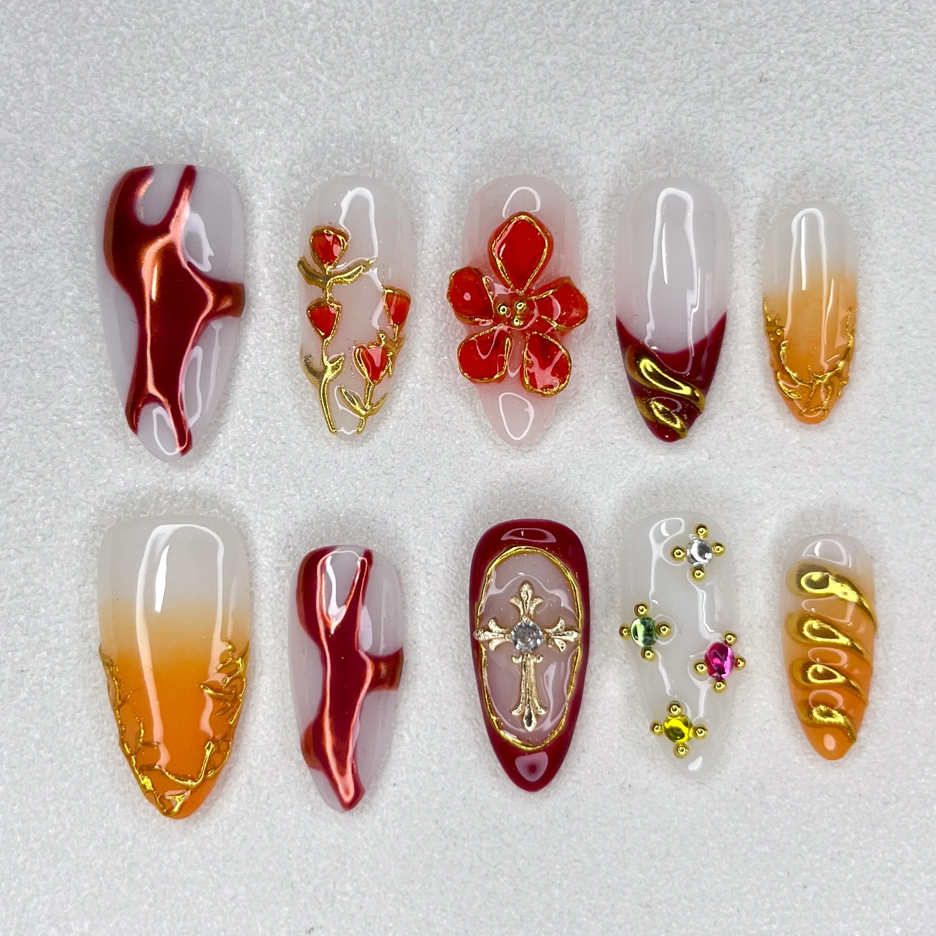Handmade Press on Nails 3D Floral Relief Design Mandarin Duck Series Almond Length Cute Female Hand Decoration
Handmade Press on Nails 3D Floral Relief Design Mandarin Duck Series Almond Length Cute Female Hand Decoration