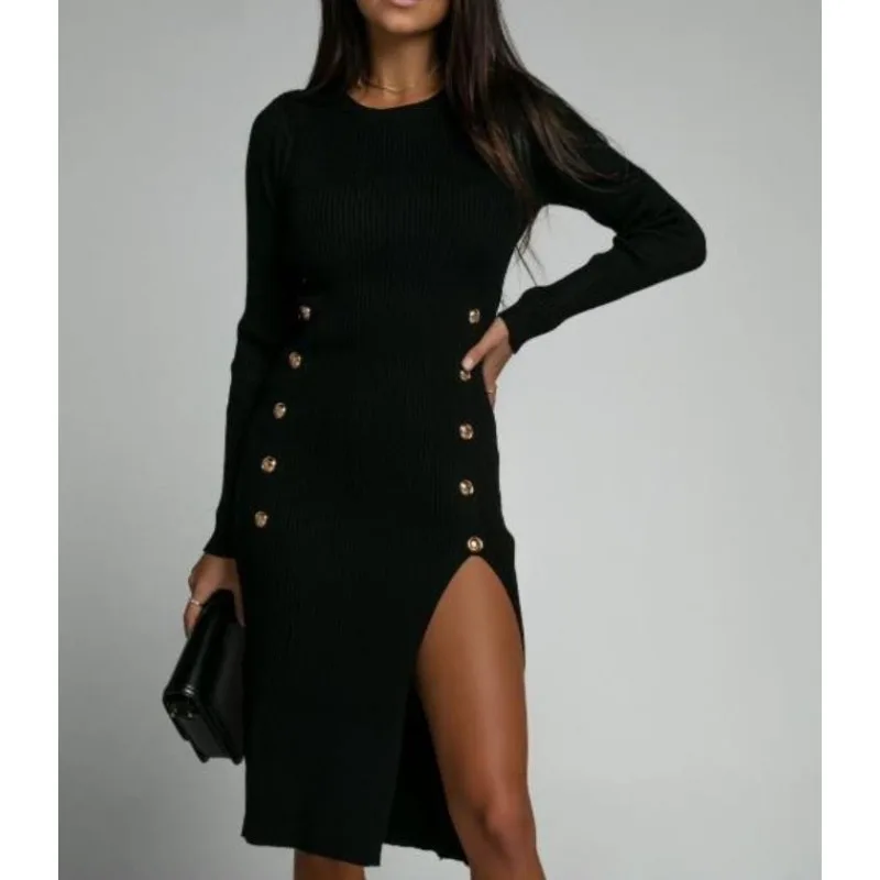 Women's Slim Monochromatic Split Button Dress, Elegant Casual Knitted Dresses, Temperament Commuting, Long Sleeved, New
Women's Slim Monochromatic Split Button Dress, Elegant Casual Knitted Dresses, Temperament Commuting, Long Sleeved, New