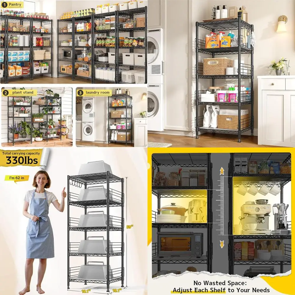 5-Tier Adjustable Metal Storage Shelves with Hooks, Wire Racks for Kitchen, Closet, Office, Laundry - 18.1W x 18.1D x 59H
5-Tier Adjustable Metal Storage Shelves with Hooks, Wire Racks for Kitchen, Closet, Office, Laundry - 18.1W x 18.1D x 59H