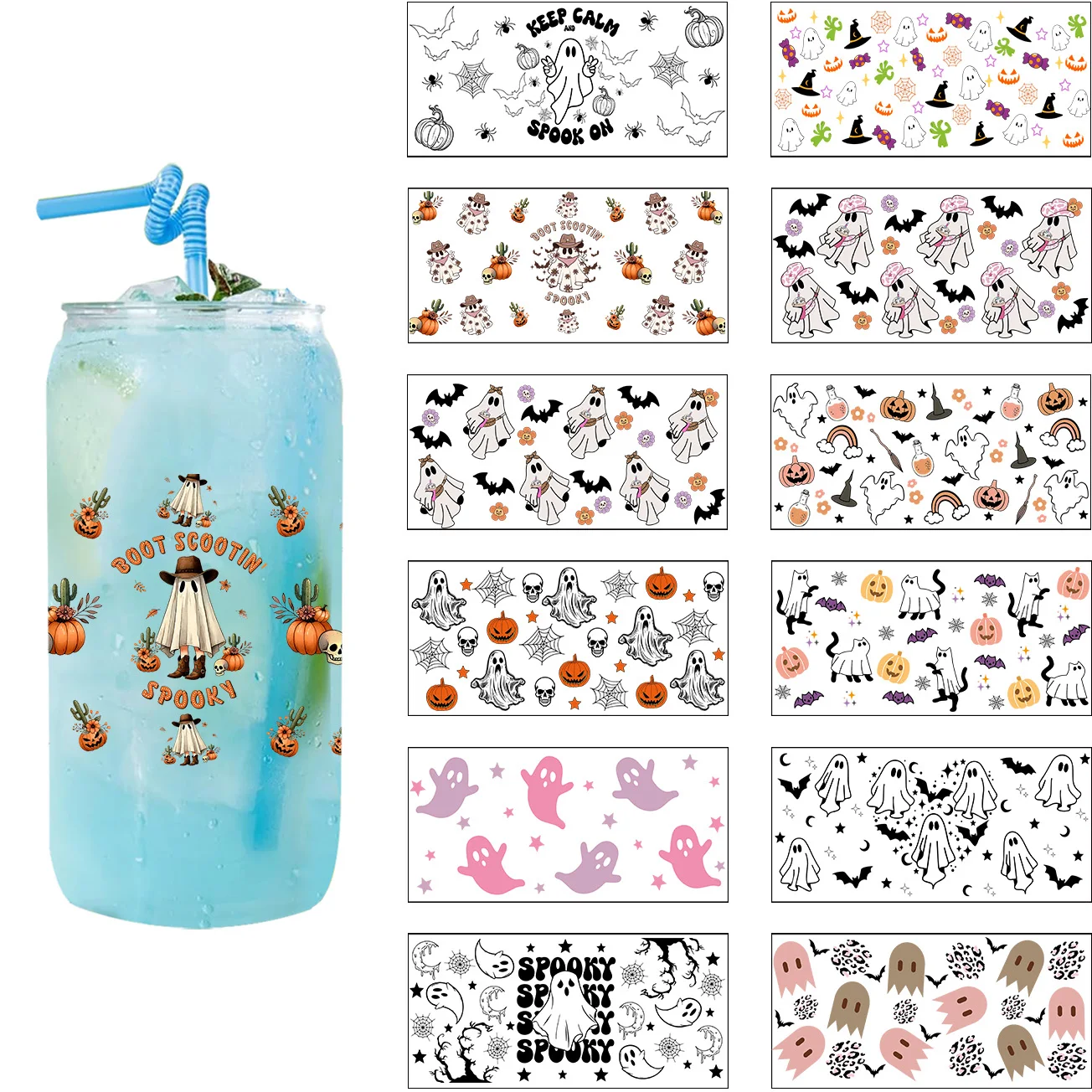 Halloween Carton Ghost Theme UV DTF Transfer Sticker for 16oz Libbey Cup 3D Sticker Pumpkin Ghost Design Self Adhesive Cup Wraps
Halloween Carton Ghost Theme UV DTF Transfer Sticker for 16oz Libbey Cup 3D Sticker Pumpkin Ghost Design Self Adhesive Cup Wraps