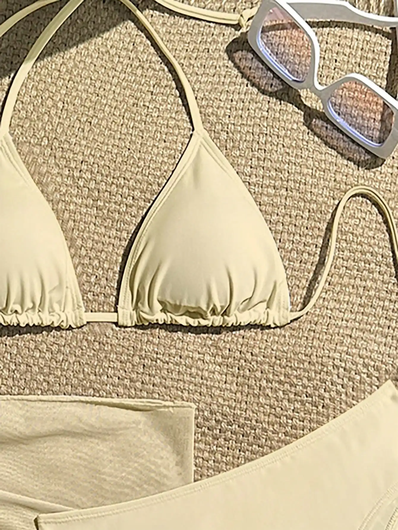 3 Piece Beige Solid Color Bikini Set With Sarong For Beach Vacation
3 Piece Beige Solid Color Bikini Set With Sarong For Beach Vacation