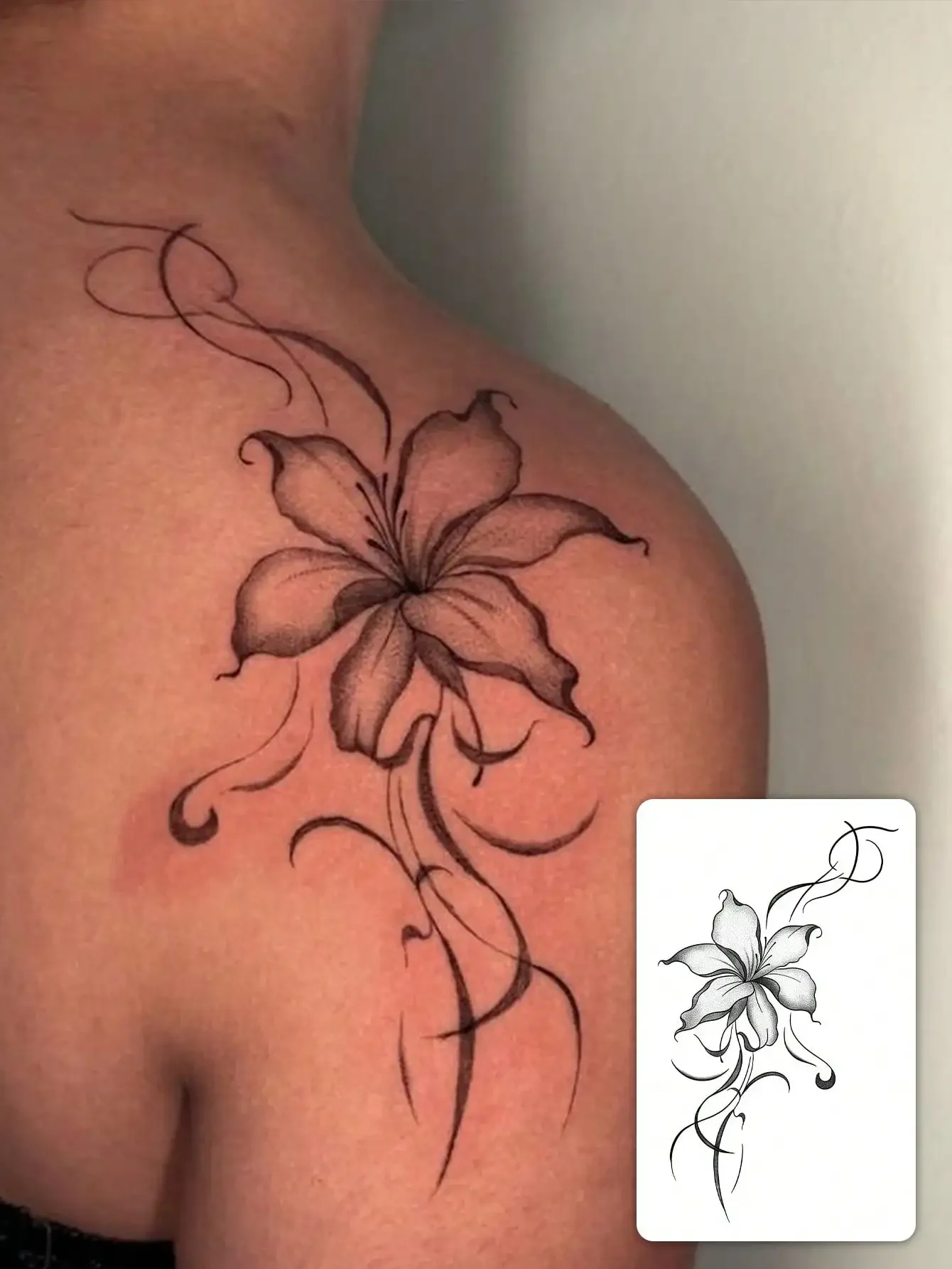 1pc Fashionable Waterproof Realistic Lily Flower Temporary Tattoo Sticker, Floral Vine Shoulder Back Tattoo Decal, Suitable For People,Spine Tattoo,Sketch Style
1pc Fashionable Waterproof Realistic Lily Flower Temporary Tattoo Sticker, Floral Vine Shoulder Back Tattoo Decal, Suitable For People,Spine Tattoo,Sketch Style