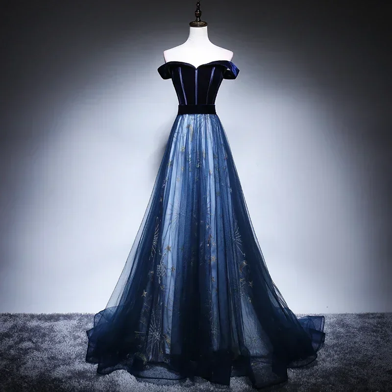Evening Dress Navy Blue Pattern Velvet Tulle Off the Shoulder A-line Floor Length Plus size Party Formal Gown Robe De Soiree
Evening Dress Navy Blue Pattern Velvet Tulle Off the Shoulder A-line Floor Length Plus size Party Formal Gown Robe De Soiree