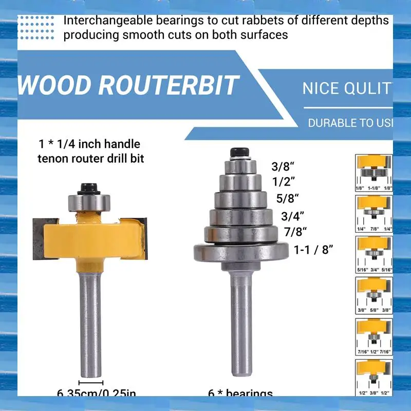 1/4 Inch Shank Rabbeting Router Bit With 6 Bearings Set For Multiple Depths 1/8 Inch, 1/4 Inch, 5/16 Inch, 3/8 Inch, 7/16 Inch,
1/4 Inch Shank Rabbeting Router Bit With 6 Bearings Set For Multiple Depths 1/8 Inch, 1/4 Inch, 5/16 Inch, 3/8 Inch, 7/16 Inch,