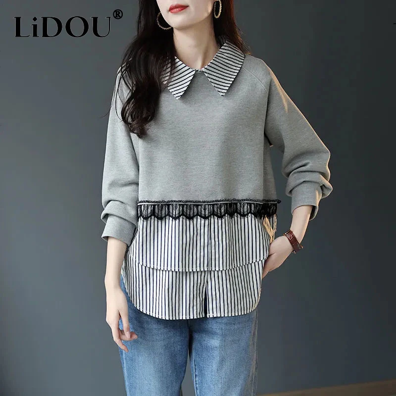 Autumn Winter Lace Patchwork Loose Casual Sweatshirt Ladies Turn Down Collar Casual Fashion Loose Top Women All-match Pullover
Autumn Winter Lace Patchwork Loose Casual Sweatshirt Ladies Turn Down Collar Casual Fashion Loose Top Women All-match Pullover