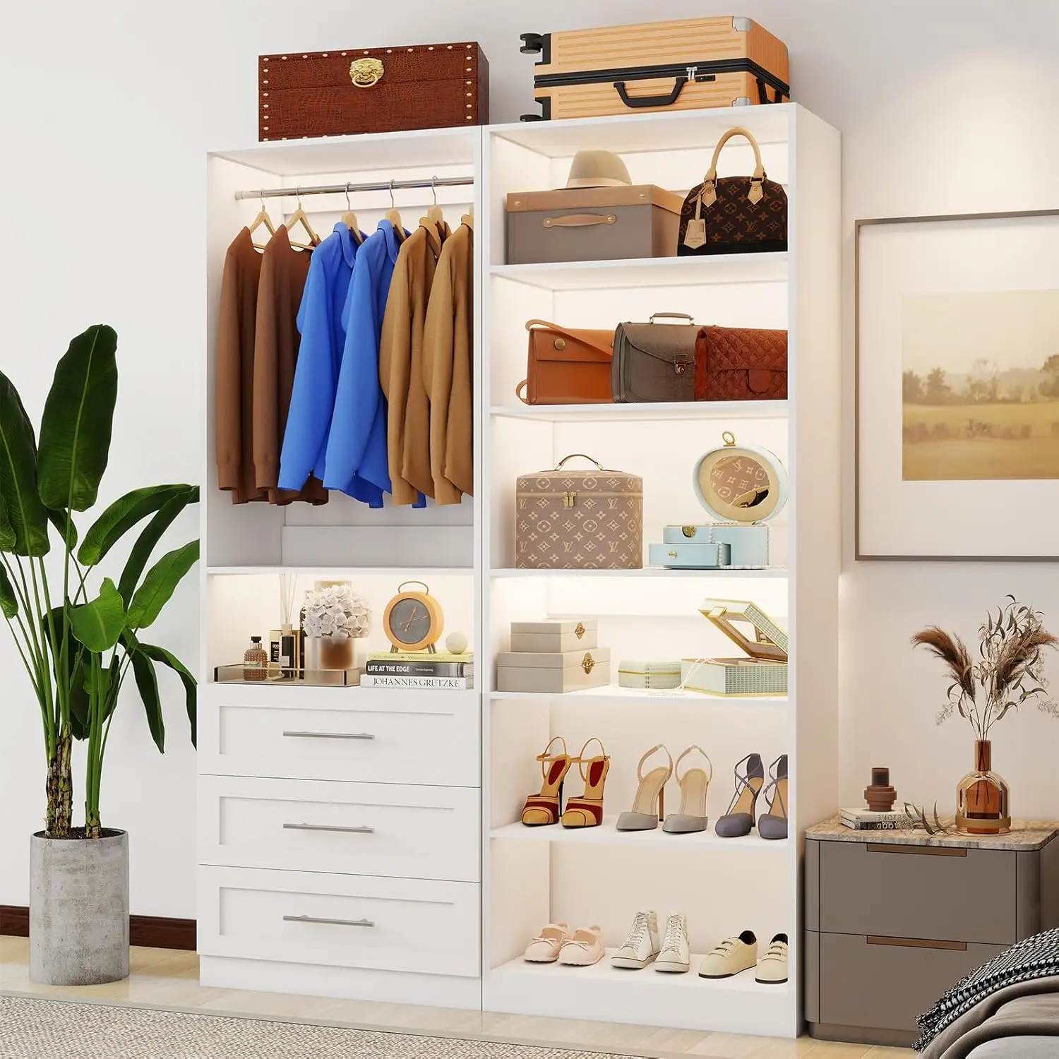 4FT Walk-in Closet Organizer with 3 Drawers, 7 Shelves & 3 Rods, Freestanding Modular Storage System, White
4FT Walk-in Closet Organizer with 3 Drawers, 7 Shelves & 3 Rods, Freestanding Modular Storage System, White
