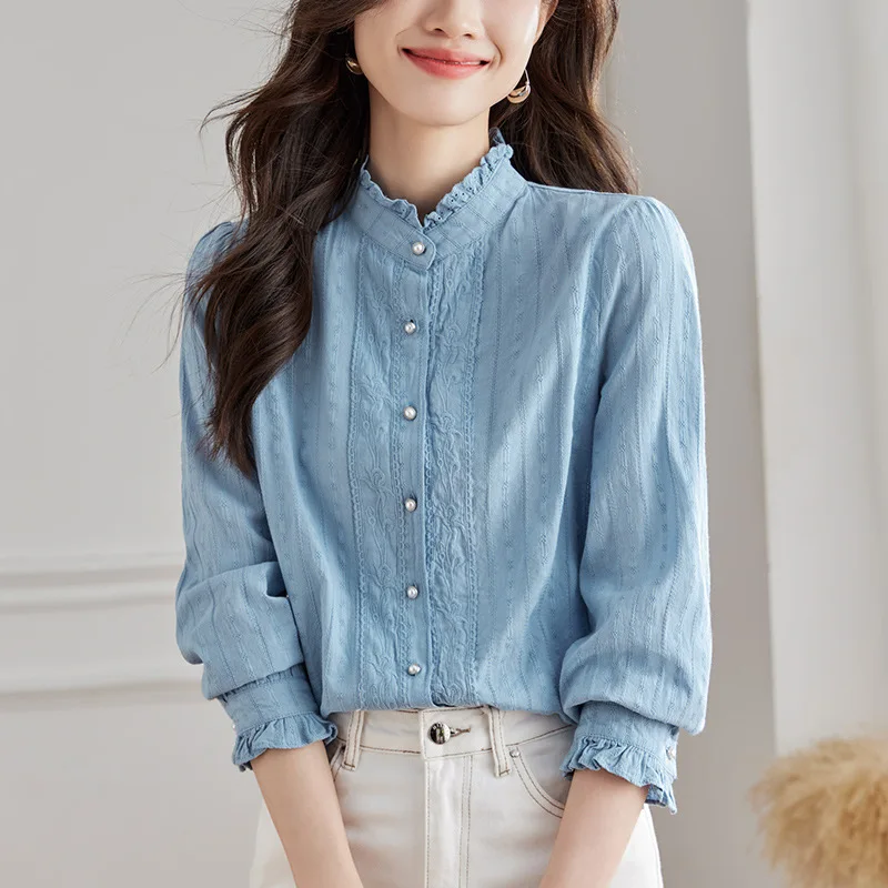 Ruffles Stand Collar Long Petal Sleeve Shirt Women Vintage Single Breasted Spring Summer Casual Shirt Tops Office Lady Commuter
Ruffles Stand Collar Long Petal Sleeve Shirt Women Vintage Single Breasted Spring Summer Casual Shirt Tops Office Lady Commuter