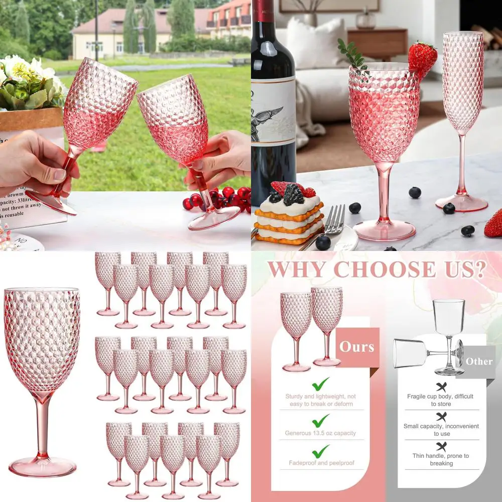 24-Piece Pink Acrylic Wine Glasses, 13.5oz Reusable Stemware for Weddings, Parties, and Dining
24-Piece Pink Acrylic Wine Glasses, 13.5oz Reusable Stemware for Weddings, Parties, and Dining