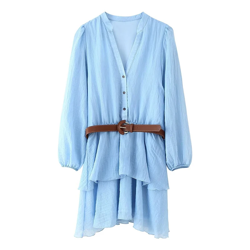 New Women With Belt Causal Sky Blue Dress Long Sleeve V Neck Elastic Waist Spring Summer Short Dresses Female Vestidos
New Women With Belt Causal Sky Blue Dress Long Sleeve V Neck Elastic Waist Spring Summer Short Dresses Female Vestidos