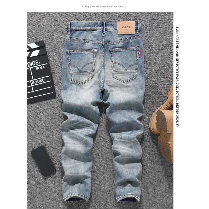 Корейский стиль, модный бренд, ретро, облегающие прямые джинсы, мужские уличные модные повседневные универсальные ностальгические джинсовые брюки 
Корейский стиль, модный бренд, ретро, облегающие прямые джинсы, мужские уличные модные повседневные универсальные ностальгические джинсовые брюки
