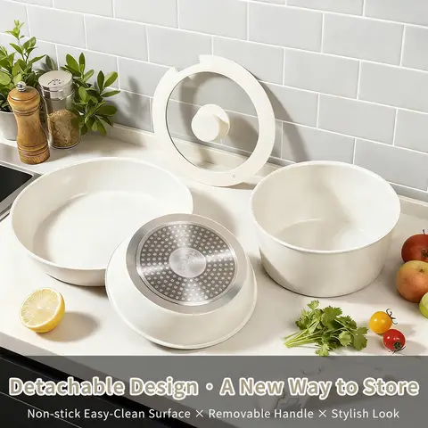 7pcs NonStick Cookware Set Frying Pan and Sauce Pot with Bakeware Utensils, Detachable Handles Kitchen Cooking Essentials