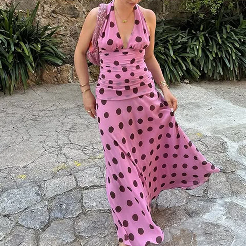 Women Elegant Sleeveless Backless Pink Chiffon Polka Dot Printing Halter Maxi Dress Skinny Pleated Robe Beach Evening Party
Women Elegant Sleeveless Backless Pink Chiffon Polka Dot Printing Halter Maxi Dress Skinny Pleated Robe Beach Evening Party