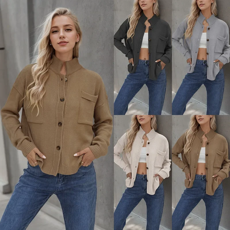 Женский кардиган, трикотажная одежда, вязаные топы, с длинным рукавом, с воротником-стойкой, однобортный, осень, зима 2024 
Женский кардиган, трикотажная одежда, вязаные топы, с длинным рукавом, с воротником-стойкой, однобортный, осень, зима 2024