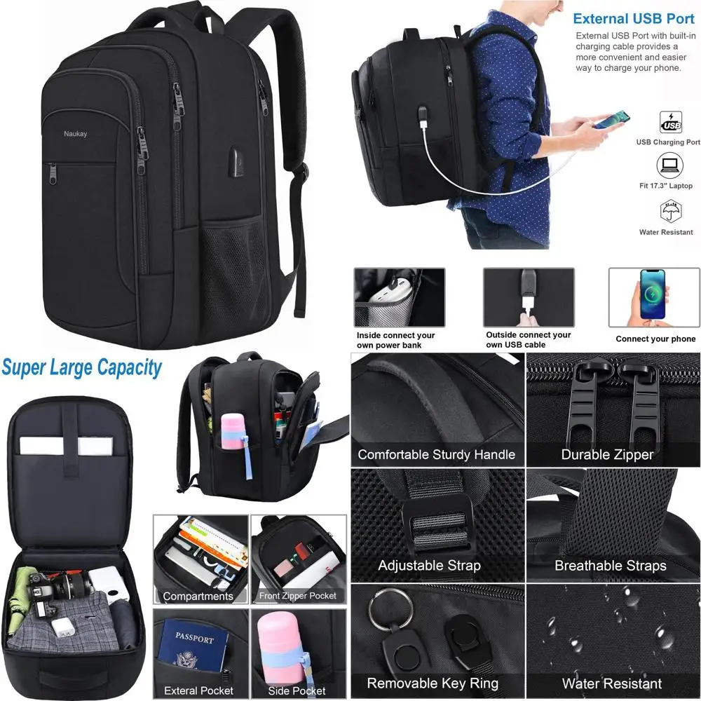 Large 50L Travel Laptop Backpack, 17.3 Anti-Theft Water-Resistant Carry-On Bag with USB Port, TSA Approved Durable Daypack, Blac
Large 50L Travel Laptop Backpack, 17.3 Anti-Theft Water-Resistant Carry-On Bag with USB Port, TSA Approved Durable Daypack, Blac