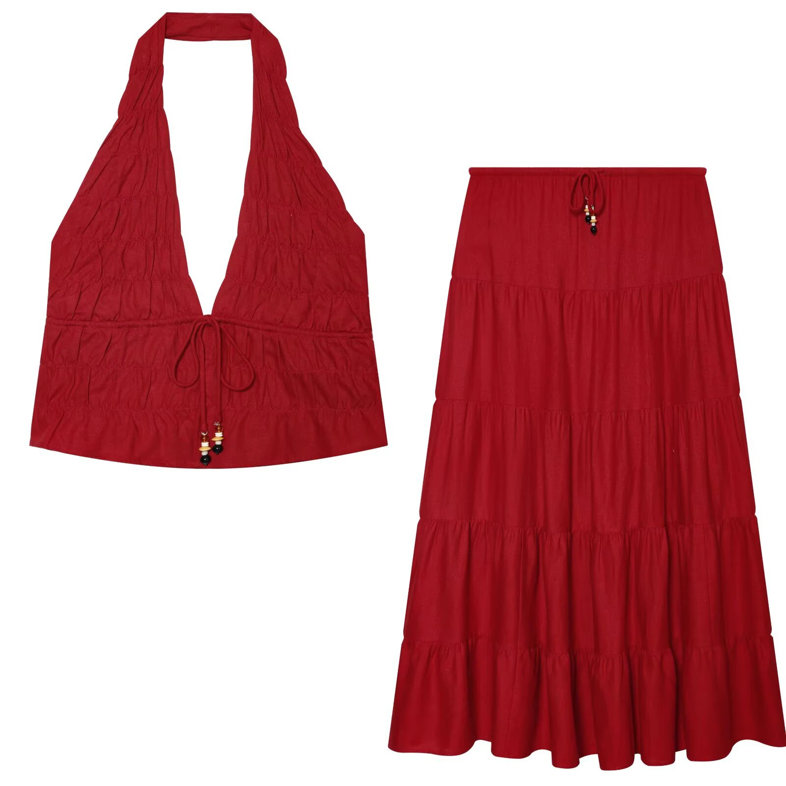 2026 Summer New Product: Half length Skirt Open Back Linen Ruffle Decoration Beaded Hanging Neck Tank Top Set
2026 Summer New Product: Half length Skirt Open Back Linen Ruffle Decoration Beaded Hanging Neck Tank Top Set