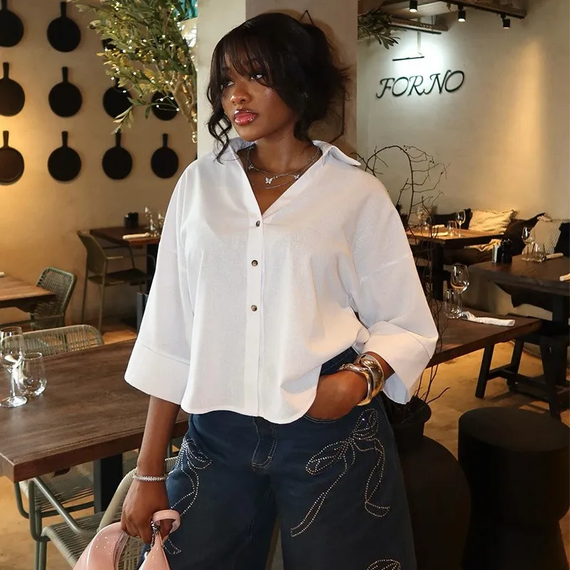 Women Blouse Loose Fit Turn Down Collar Women's Blouses 3/4 Sleeve Button Up Shirt Oversized Striped White Casual Shirt Woman
Women Blouse Loose Fit Turn Down Collar Women's Blouses 3/4 Sleeve Button Up Shirt Oversized Striped White Casual Shirt Woman