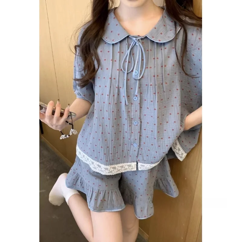 Sweet Lace Polka Dot ort Sve Spwear Set Women's Summer Home Clothes Korean Sle Student Spring Thin Cotton Polyester
Sweet Lace Polka Dot ort Sve Spwear Set Women's Summer Home Clothes Korean Sle Student Spring Thin Cotton Polyester