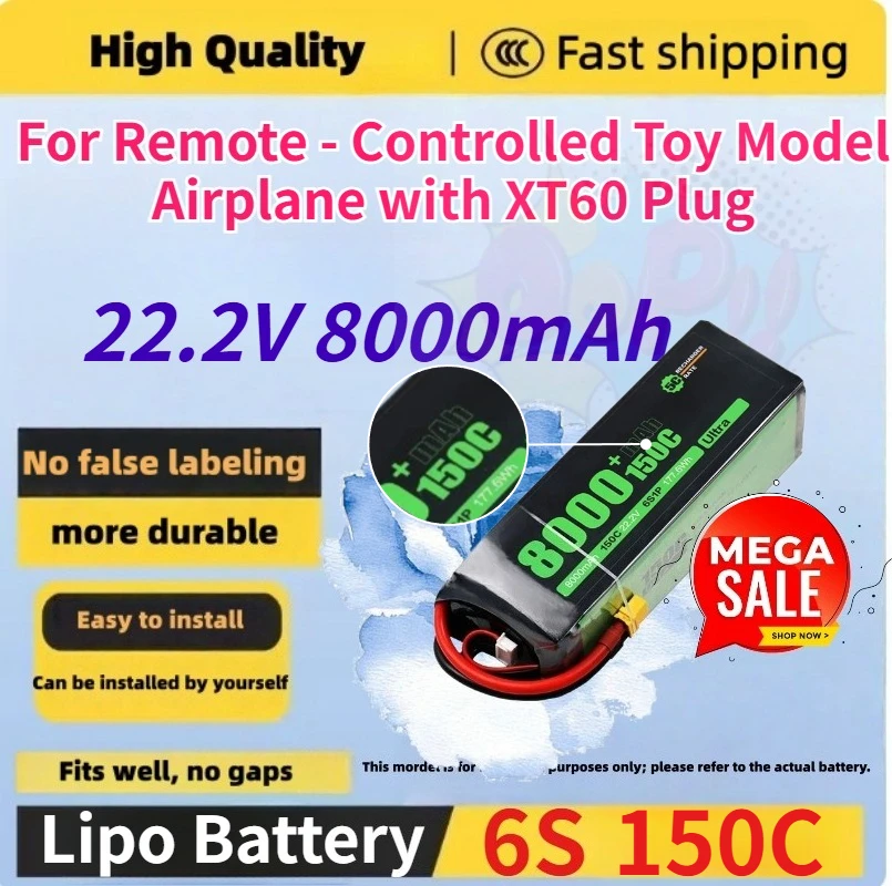 New 22.2V 8000mAh 6S 150C High-capacity Lipo Battery for Remote - Controlled Toy Model Airplane with XT60 Plug
New 22.2V 8000mAh 6S 150C High-capacity Lipo Battery for Remote - Controlled Toy Model Airplane with XT60 Plug
