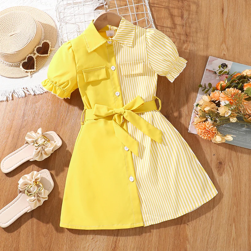 Summer Hot Sale Yellow And White Turn-Drown Collar Short Sleeve Single Breasted A-Line Dress For Girls Daily Casual Clothing
Summer Hot Sale Yellow And White Turn-Drown Collar Short Sleeve Single Breasted A-Line Dress For Girls Daily Casual Clothing