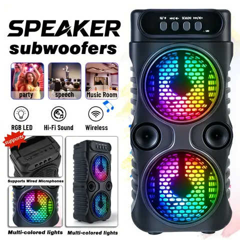 Portable wireless Bluetooth speaker with  multi-mode colorful lights. Supports TF card, USB Type-C port and FM radio. Suitable for parties, outdoor camping, square dancing and other occasions. A lovely gift.