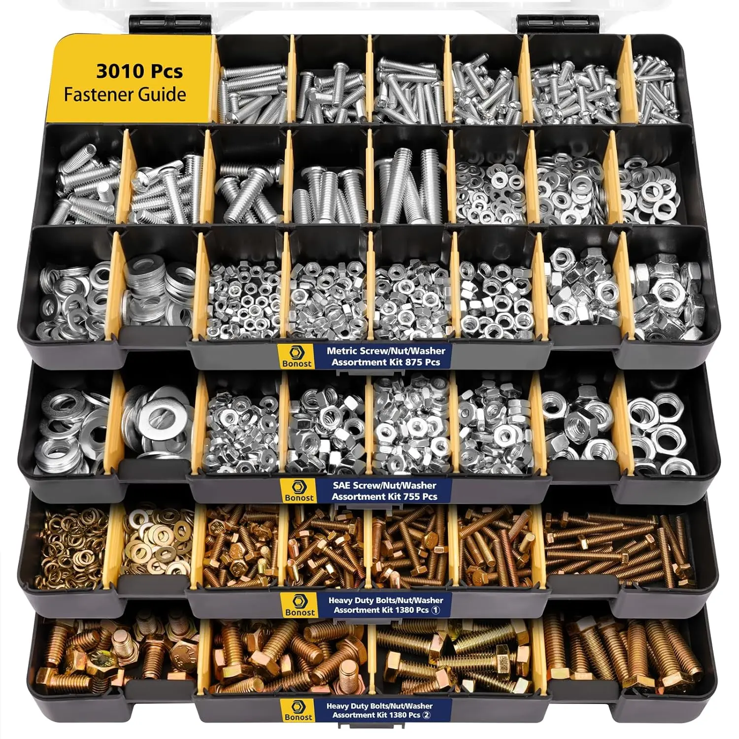 3010pcs Hardware Assortment Kit with SAE & Metric Phillips Bolts, Grade 8.8 Hex Bolt Set, Nuts, Lock Washers (4 Trays)
3010pcs Hardware Assortment Kit with SAE & Metric Phillips Bolts, Grade 8.8 Hex Bolt Set, Nuts, Lock Washers (4 Trays)