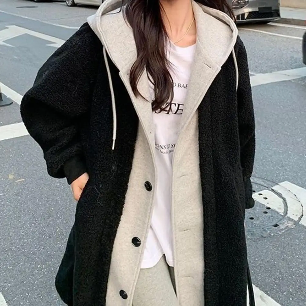 Women Winter Coat Fake Two-piece Hooded Colorblock Long Sleeve Loose Knee Length Thick Plush Warm Drawstring Single-breasred Ove
Women Winter Coat Fake Two-piece Hooded Colorblock Long Sleeve Loose Knee Length Thick Plush Warm Drawstring Single-breasred Ove