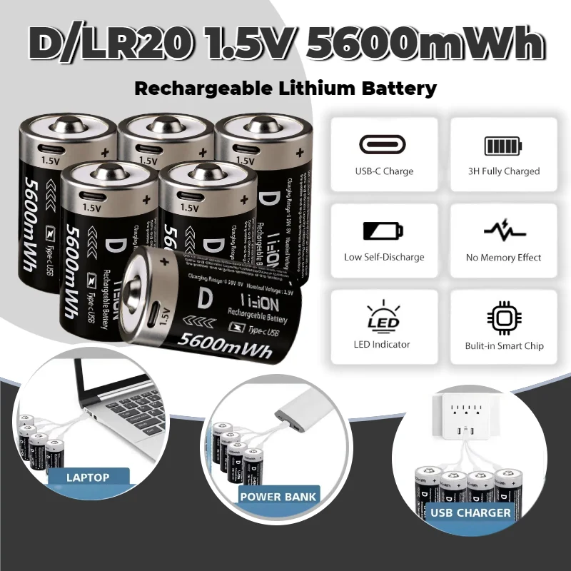 1.5V 5600mWh USB Rechargeable D Size Battery Lithium-ion LR20 D-Cell Batteries for Gas Cooker Water Heater Flashlight Radio Toys
1.5V 5600mWh USB Rechargeable D Size Battery Lithium-ion LR20 D-Cell Batteries for Gas Cooker Water Heater Flashlight Radio Toys