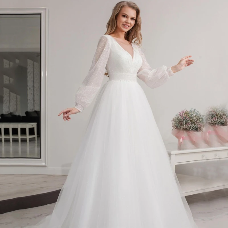 2022 Simple V-Neck Long Sleeve Lace Up Glitter Tulle A-Line Wedding Dresses Bridal Gowns Vestido De Noiva
2022 Simple V-Neck Long Sleeve Lace Up Glitter Tulle A-Line Wedding Dresses Bridal Gowns Vestido De Noiva