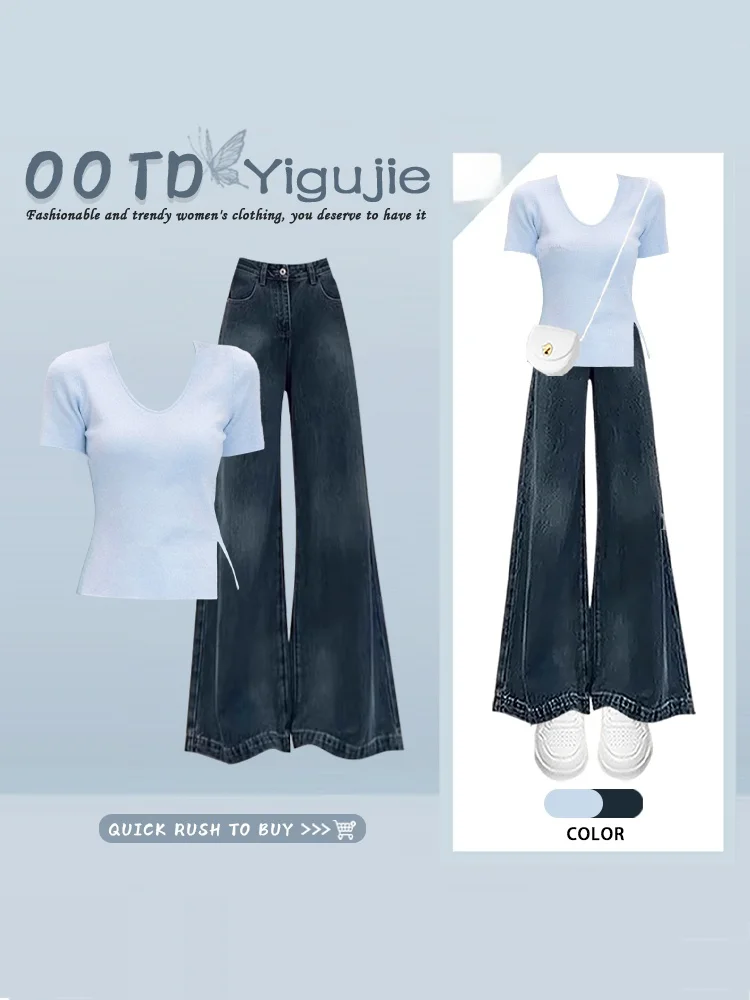 Korean Slim Fit Design Casual Short Sleeve Open Split Top with Water Washed Denim Pants Two Piece Set for Women Summer Fashion
Korean Slim Fit Design Casual Short Sleeve Open Split Top with Water Washed Denim Pants Two Piece Set for Women Summer Fashion
