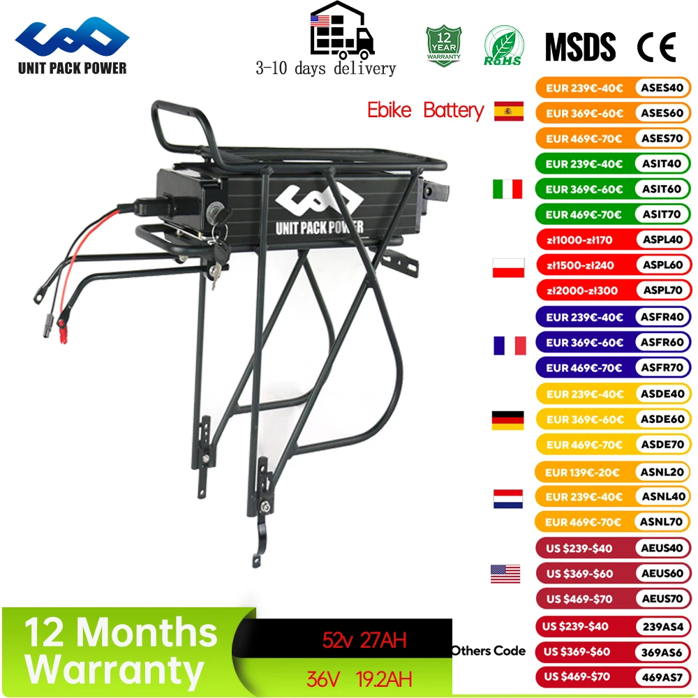 48V 18Ah Rear Rack Ebike Battery 18650 Lithium Electric Bicycle Battery Pack 48V 15AH 52V for 1000W 750W 500W 350W Motor
48V 18Ah Rear Rack Ebike Battery 18650 Lithium Electric Bicycle Battery Pack 48V 15AH 52V for 1000W 750W 500W 350W Motor