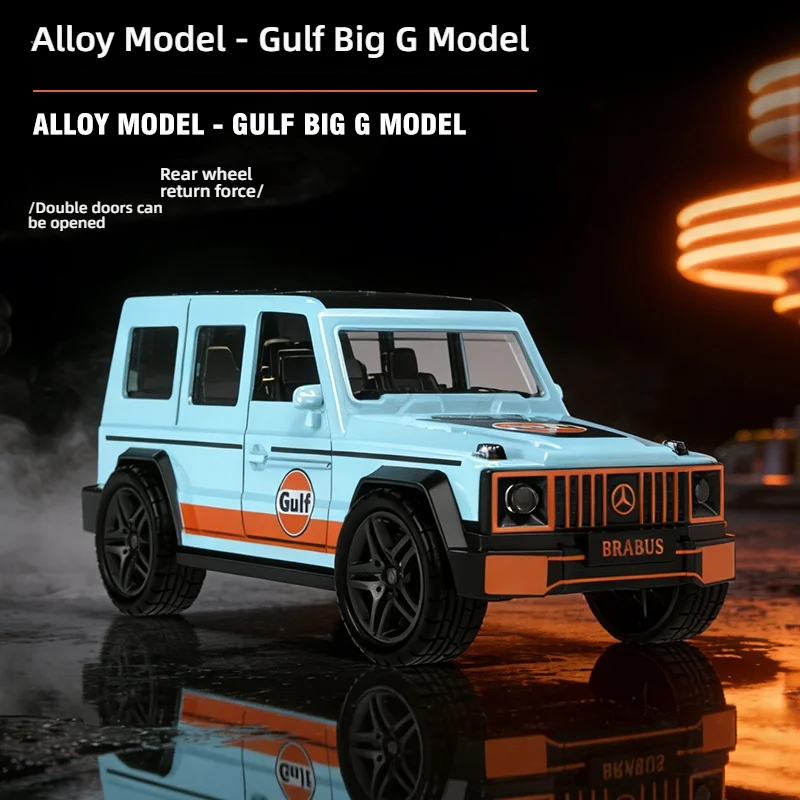 Масштабная модель автомобиля Gulf Mercedes-Benz G-Class Brabus 1:36, литая под давлением, внедорожная игрушка с открывающимися дверями и функцией отката, коллекционная
Масштабная модель автомобиля Gulf Mercedes-Benz G-Class Brabus 1:36, литая под давлением, внедорожная игрушка с открывающимися дверями и функцией отката, коллекционная
