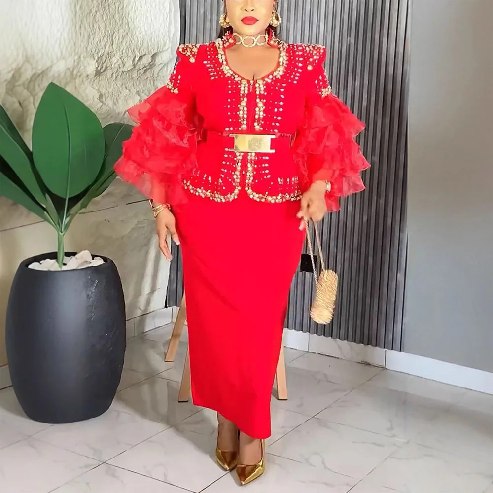 Elegant African Dresses for Women V Neck Ruffles Diamond Belt Waisted Luxury Ladies Evening Wedding Party Gowns Robes Wholesale
Elegant African Dresses for Women V Neck Ruffles Diamond Belt Waisted Luxury Ladies Evening Wedding Party Gowns Robes Wholesale