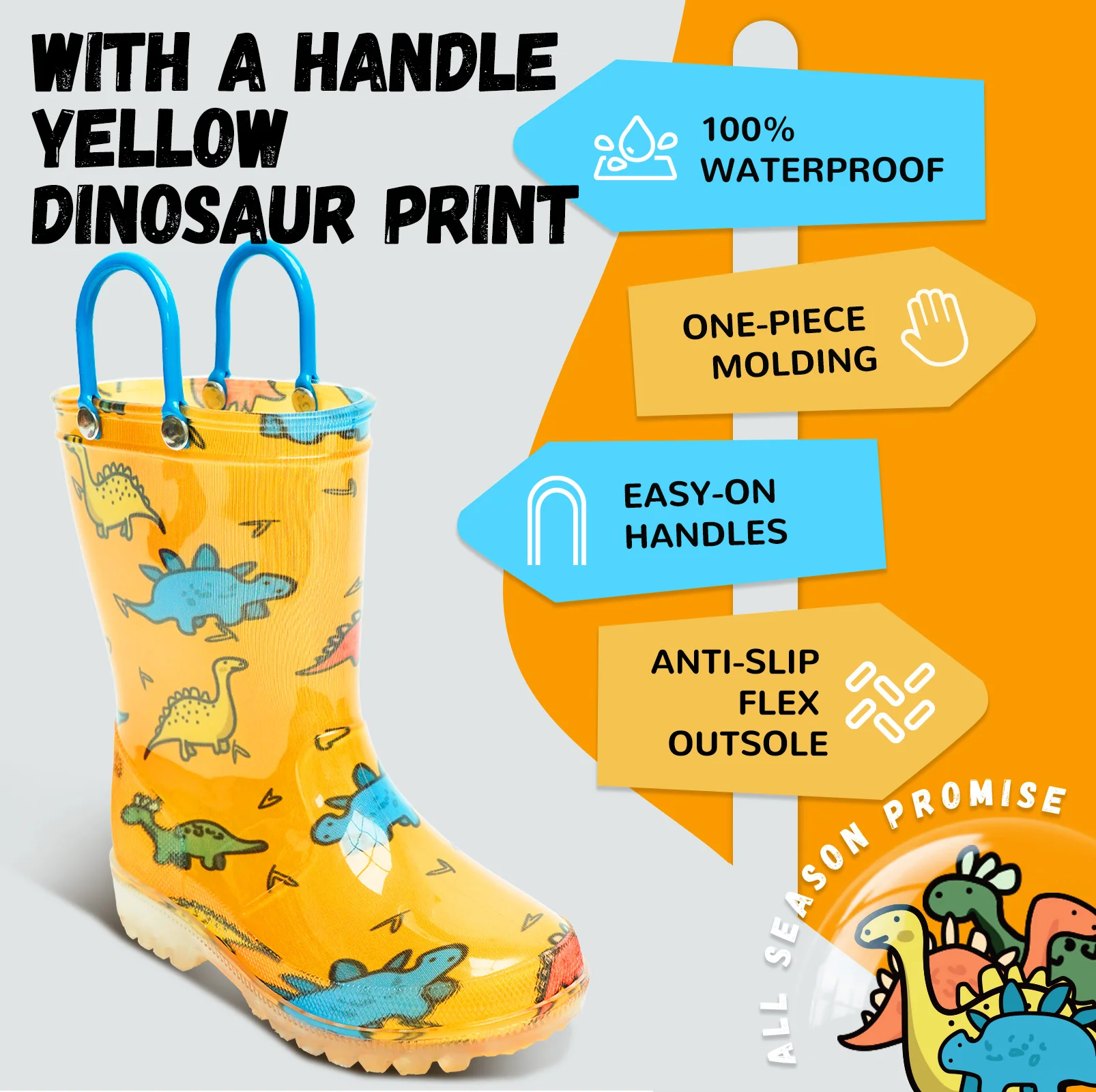 Kids Rain Boots Yellow Dinosaur - Waterproof Anti-Slip Toddler Rain Shoes for Boys Girls Soft Sole
Kids Rain Boots Yellow Dinosaur - Waterproof Anti-Slip Toddler Rain Shoes for Boys Girls Soft Sole