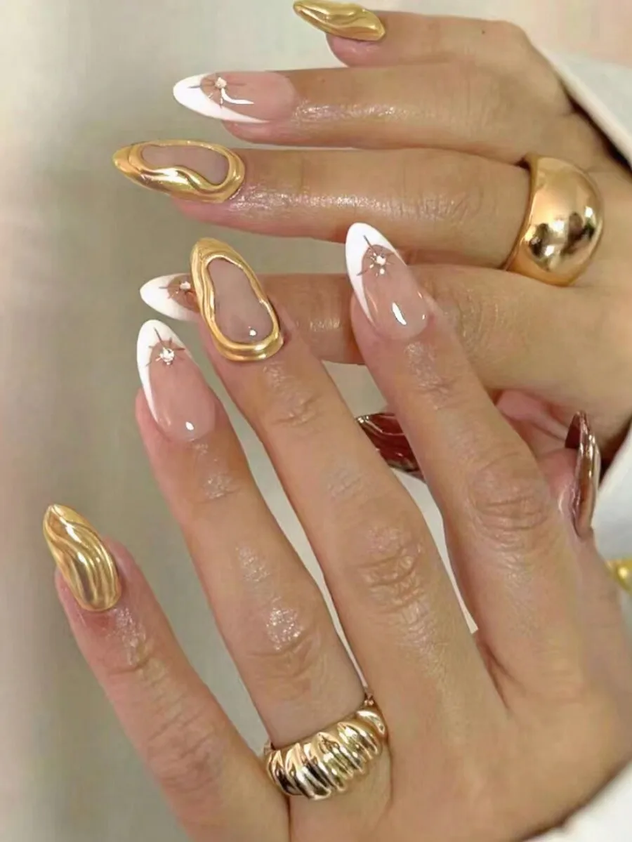 10Pcs Handmade Almond-Shaped Golden Line Mirrored 3D Floral Detachable False Nails, Fashionable & Elegant Design Press On Nails
10Pcs Handmade Almond-Shaped Golden Line Mirrored 3D Floral Detachable False Nails, Fashionable & Elegant Design Press On Nails