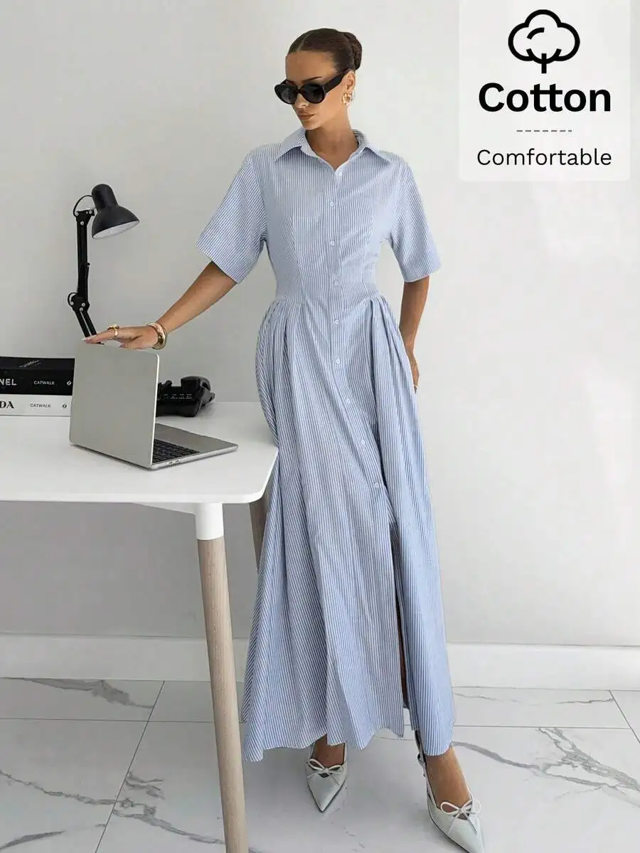 Light Blue And White Vertical Stripe Cotton Shirt Dress With Short Sleeves, Button-Down Front, Fitted Waist, And Side Slit
Light Blue And White Vertical Stripe Cotton Shirt Dress With Short Sleeves, Button-Down Front, Fitted Waist, And Side Slit