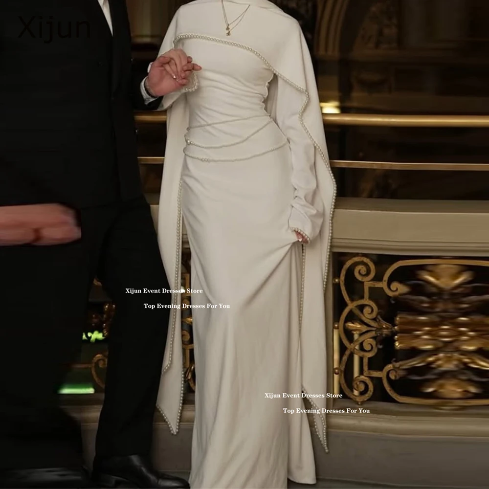 Xijun Ivory Crepe Pearls Prom Dresses Cape Full Sleeves Long Mermaid Wedding Dresses Formal Luxury Dubai Prom Gowns Customized
Xijun Ivory Crepe Pearls Prom Dresses Cape Full Sleeves Long Mermaid Wedding Dresses Formal Luxury Dubai Prom Gowns Customized