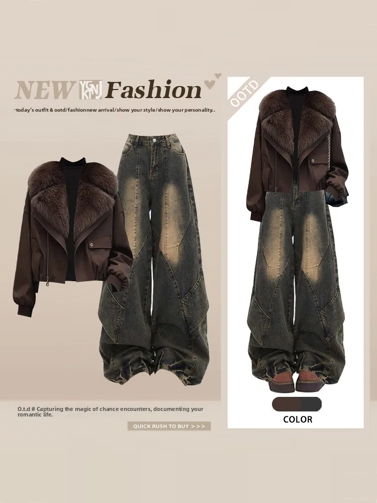Retro Denim Style Fur Collar Jacket And Wide Leg Jeans Black Base Winter Fashion Set Complete Look Elegant Casual Women's Outfit
Retro Denim Style Fur Collar Jacket And Wide Leg Jeans Black Base Winter Fashion Set Complete Look Elegant Casual Women's Outfit