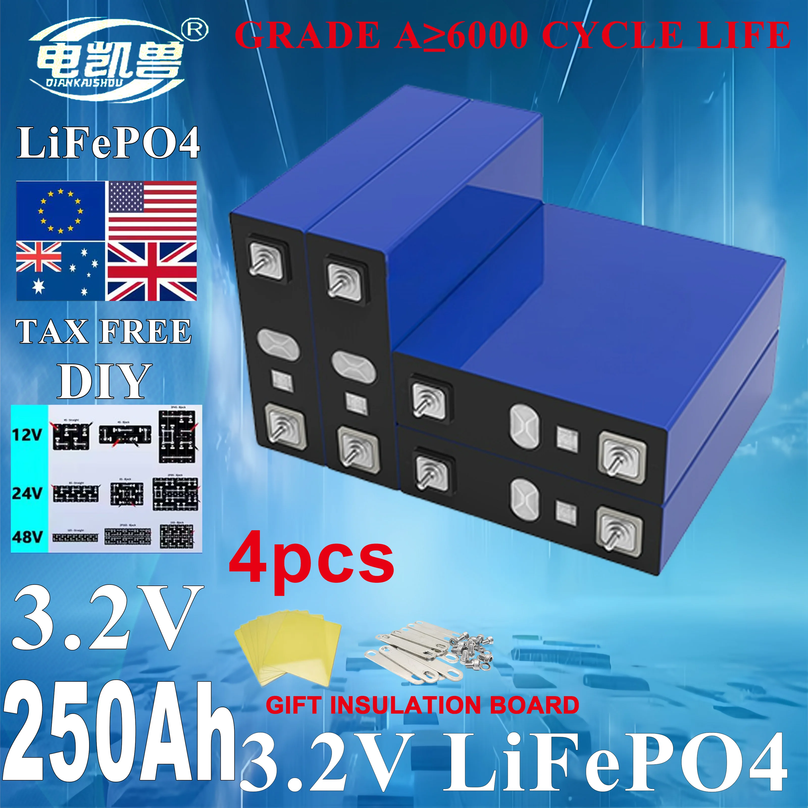 New 4pcs Grade A 250ah 3.2V Lifepo4 Rechargeable Battery 6000 Cycles DIY 12V 24V 48V RV, yacht, golf cart battery tax free
New 4pcs Grade A 250ah 3.2V Lifepo4 Rechargeable Battery 6000 Cycles DIY 12V 24V 48V RV, yacht, golf cart battery tax free