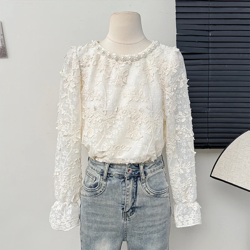 Elegant Pearl Embroidered Round Neck Sequins Lace Shirt Spring Long Sleeve Blouse Chic Women Shirt Tops Female
Elegant Pearl Embroidered Round Neck Sequins Lace Shirt Spring Long Sleeve Blouse Chic Women Shirt Tops Female