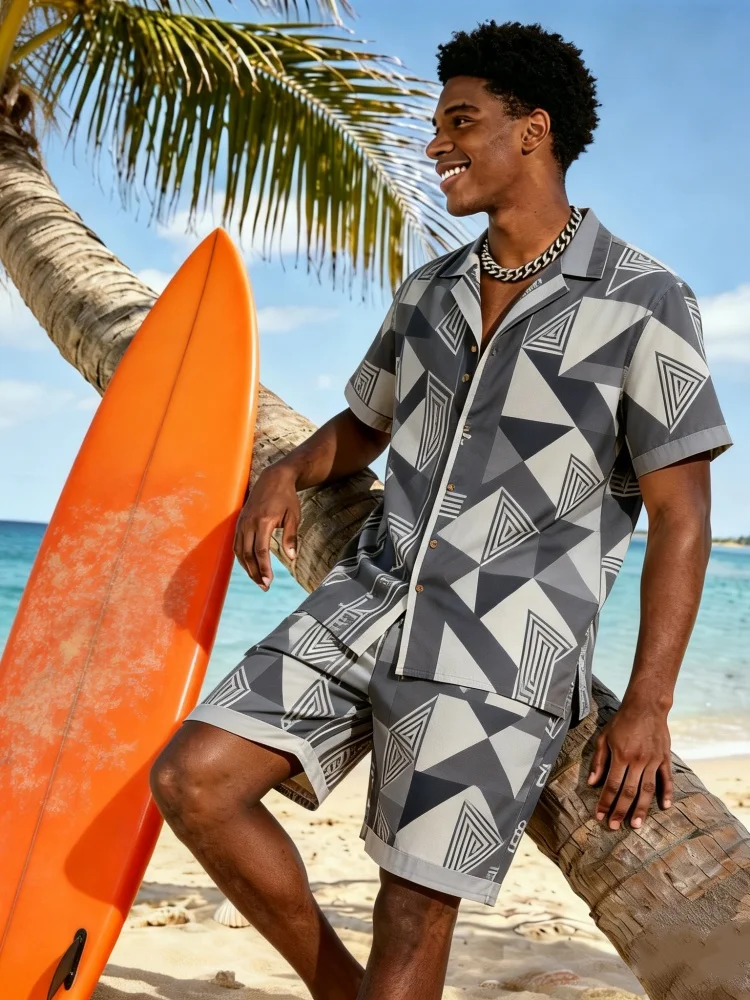 Men's Short Sleeve Lapel Shirt & Shorts Set, Loose Comfort Geometric Triangle Print Casual Summer Outfit
Men's Short Sleeve Lapel Shirt & Shorts Set, Loose Comfort Geometric Triangle Print Casual Summer Outfit