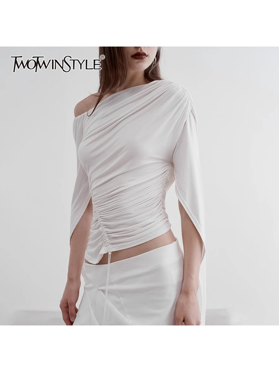 TWOTWINSTYLE Solid Spliced Lace Up Slimming T Shirts For Women Slash Neck Short Sleeve Tunic Blouses Female Fashion Style New
TWOTWINSTYLE Solid Spliced Lace Up Slimming T Shirts For Women Slash Neck Short Sleeve Tunic Blouses Female Fashion Style New