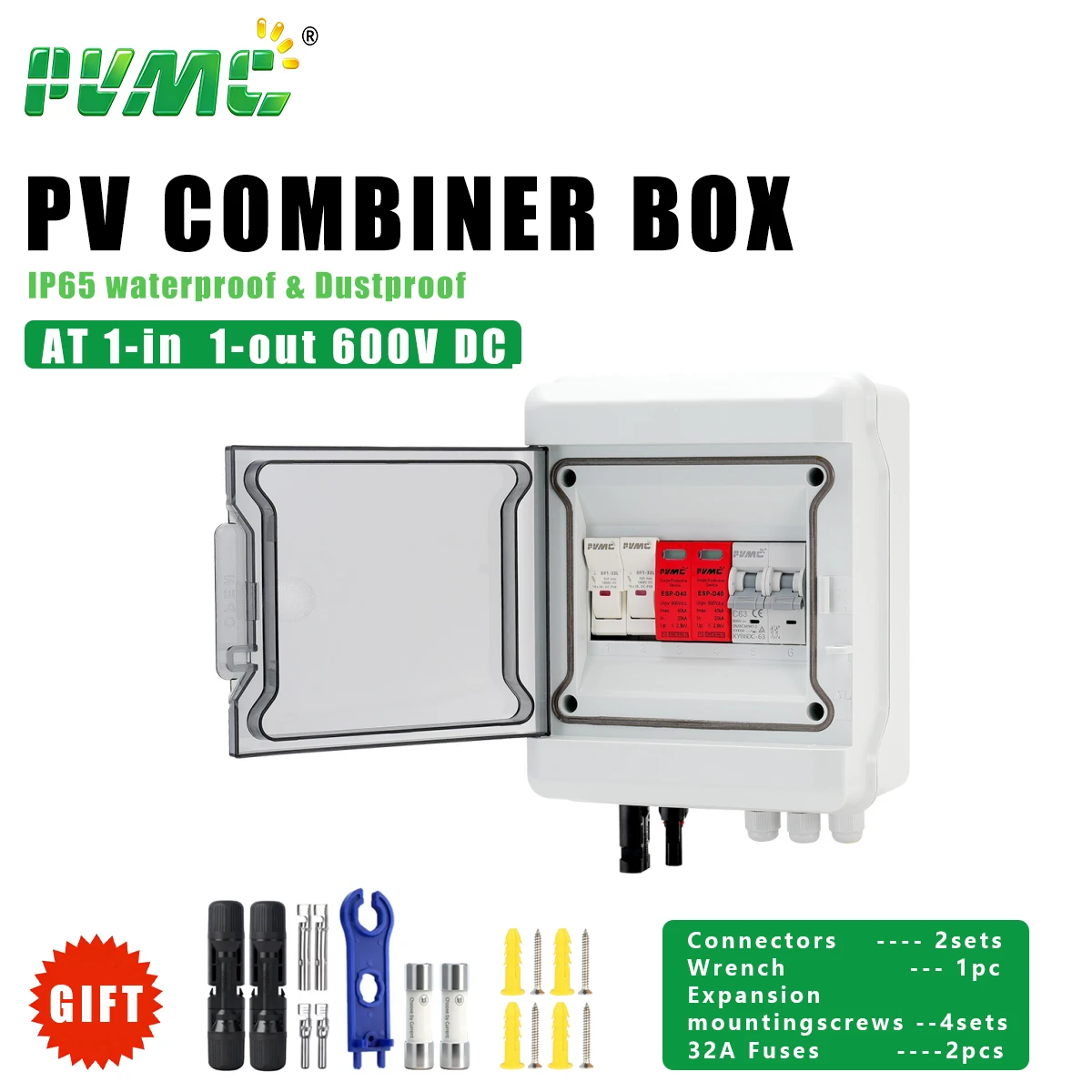 1 in 1 out AT DC 600V Solar photovoltaic PV Combiner Box With Lightning Protection 32A Fuse MCB SPD Waterproof IP65 Distribution
1 in 1 out AT DC 600V Solar photovoltaic PV Combiner Box With Lightning Protection 32A Fuse MCB SPD Waterproof IP65 Distribution