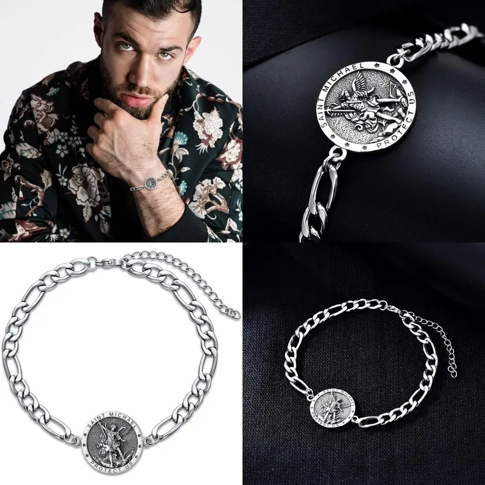 Браслет с медалью Святого Михаила и Кристофера из стерлингового серебра, регулируемая ссылка Фигаро, 9+2, религиозные украшения унисекс для защиты
Браслет с медалью Святого Михаила и Кристофера из стерлингового серебра, регулируемая ссылка Фигаро, 9+2, религиозные украшения унисекс для защиты