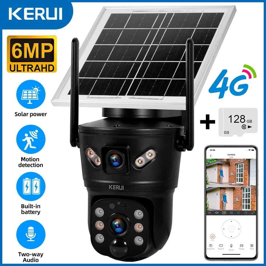 KERUI 4G SIM Card Dual Lens 6MP Solar Waterproof Outdoor Security Camera WiFi CCTV PTZ Auto Tracking Surveillance Night Vision
KERUI 4G SIM Card Dual Lens 6MP Solar Waterproof Outdoor Security Camera WiFi CCTV PTZ Auto Tracking Surveillance Night Vision