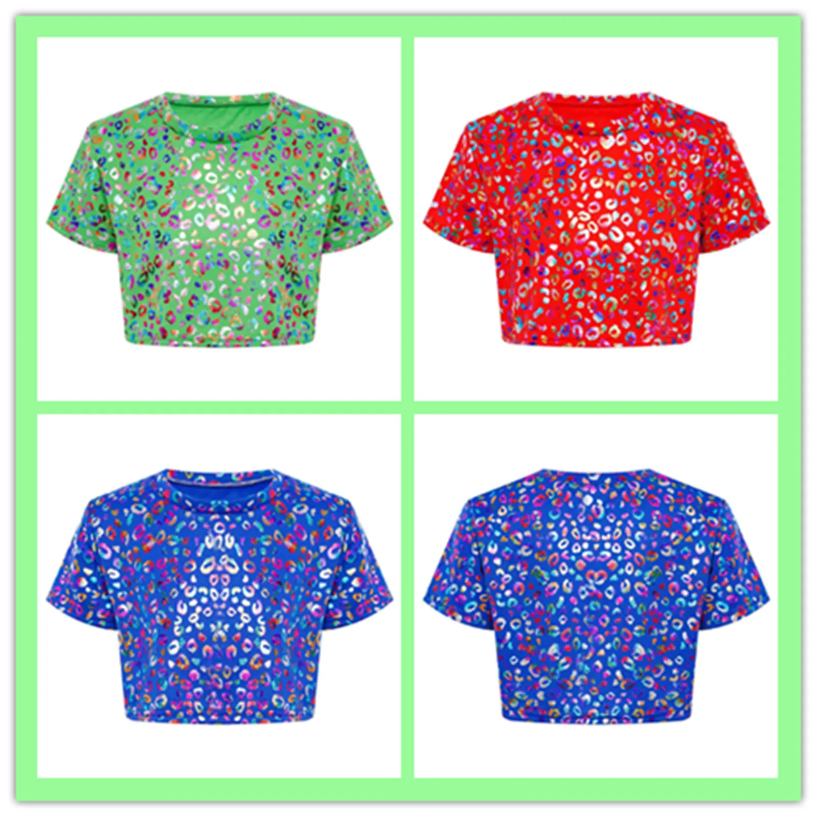Kids Girls Cheer Dance Tops Metallic Leopard Print T-shirt Crop Top Cheerleading Dance Performance Cheerleader Costume
Kids Girls Cheer Dance Tops Metallic Leopard Print T-shirt Crop Top Cheerleading Dance Performance Cheerleader Costume