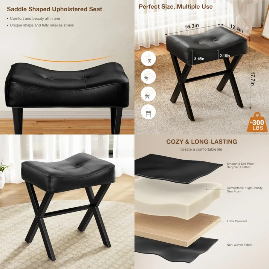 18-Inch Leather Vanity Stool Chair, Vanity Bench with Metal X-Leg, Ottoman Accent Stool with Thick Padded Saddle Seat, Black
18-Inch Leather Vanity Stool Chair, Vanity Bench with Metal X-Leg, Ottoman Accent Stool with Thick Padded Saddle Seat, Black
