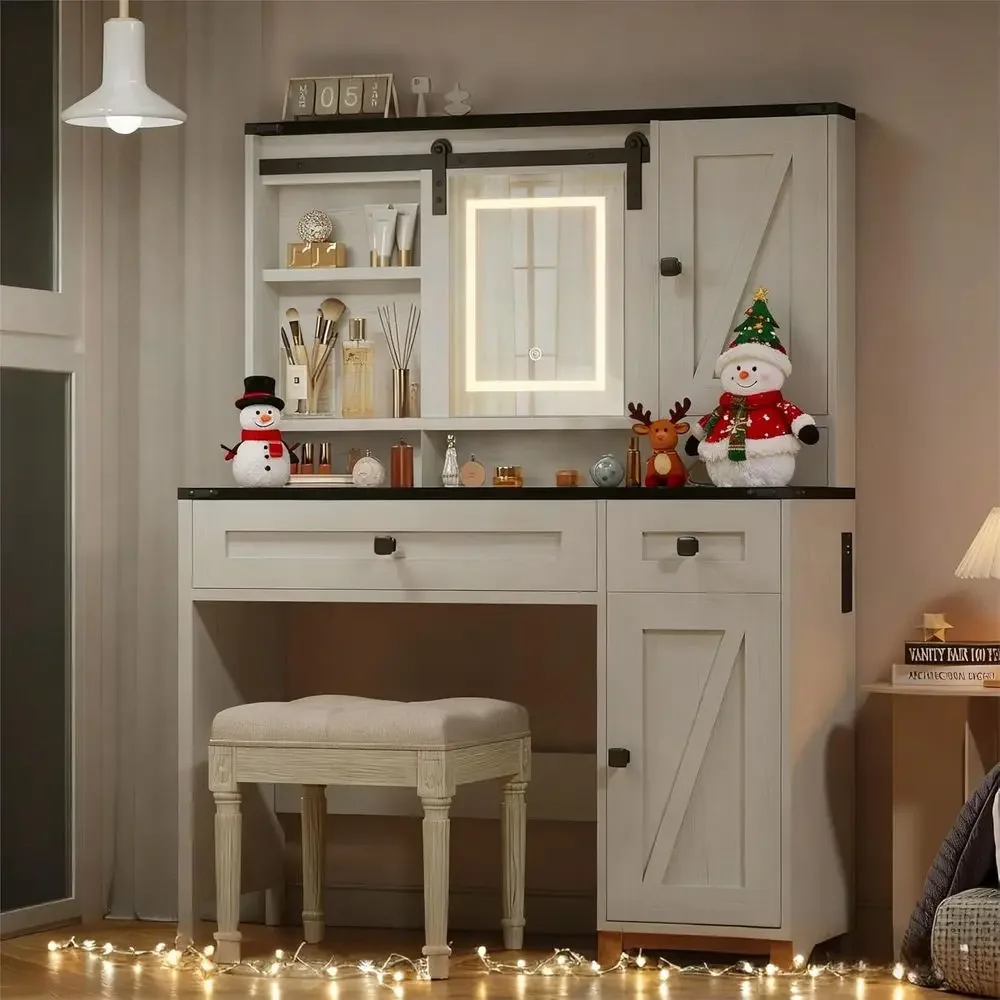 42 Lighted Makeup Vanity Desk with Sliding Door, Power Strips, Storage, Adjustable Mirror, White Finish
42 Lighted Makeup Vanity Desk with Sliding Door, Power Strips, Storage, Adjustable Mirror, White Finish