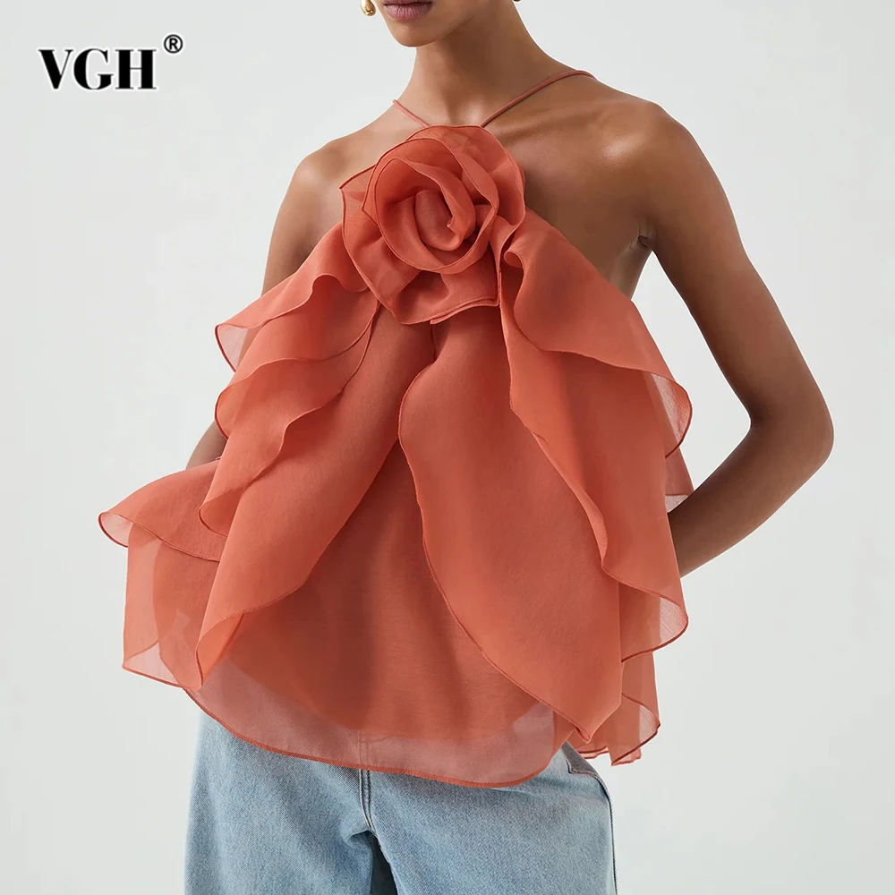 VGH Sexy Fashionable Spliced 3D Floral Vest for Women Halter Off The Shoulder Sleeveless Patchwork Ruffles Mesh Style Top Female
VGH Sexy Fashionable Spliced 3D Floral Vest for Women Halter Off The Shoulder Sleeveless Patchwork Ruffles Mesh Style Top Female