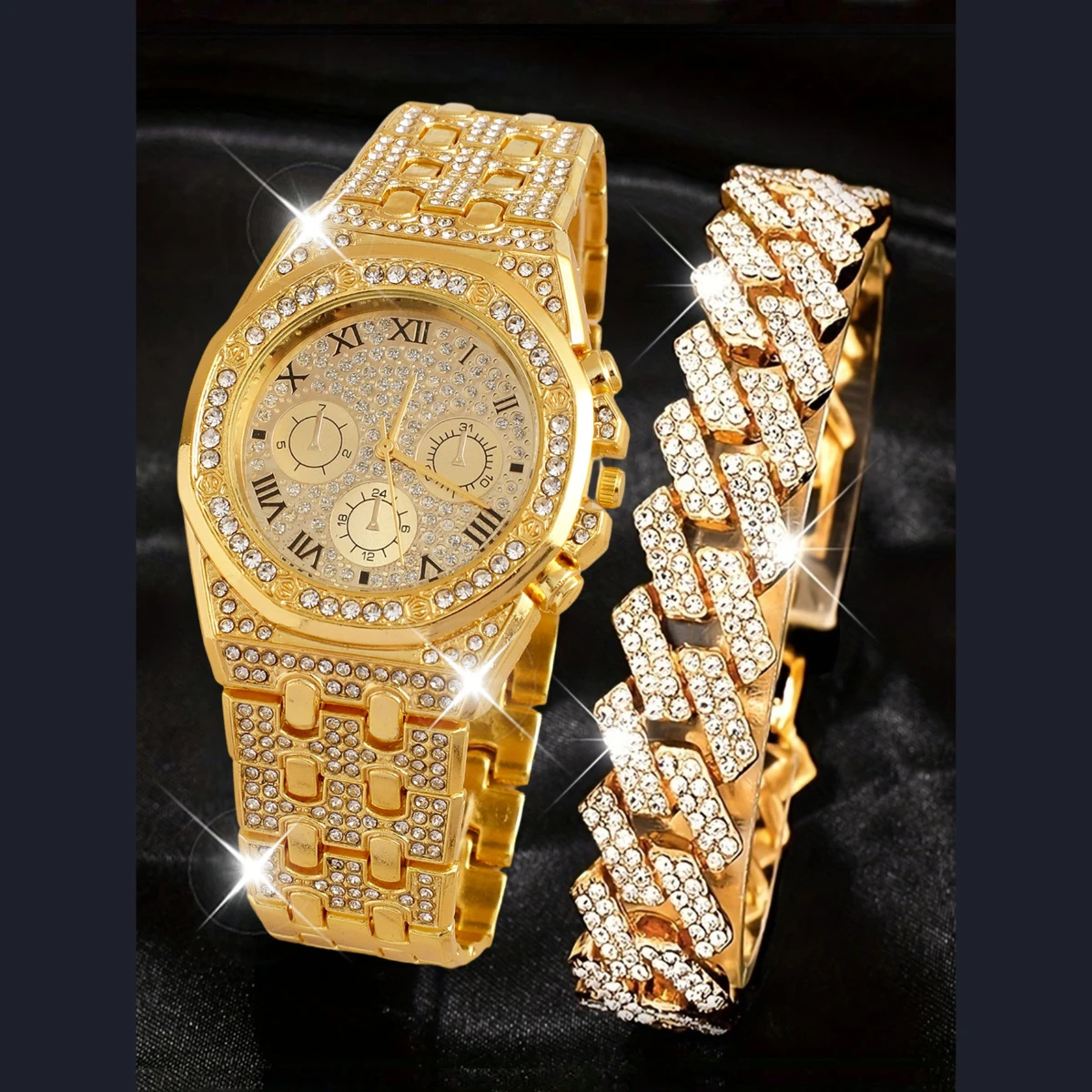 2pcs-shine Hip hop fashion luxury street rhinestone three eyelid rhinestone watch bracelet set, suitable for both men and women
2pcs-shine Hip hop fashion luxury street rhinestone three eyelid rhinestone watch bracelet set, suitable for both men and women